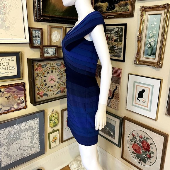 Tadashi Shoji Blue Ombre Wide Neck Pleated Bodycon Stretch Cocktail Dress Size M - Picture 2 of 7